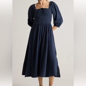 Quince 100% organic cotton Gauze smocked square neck midi Navy Dress size XS
